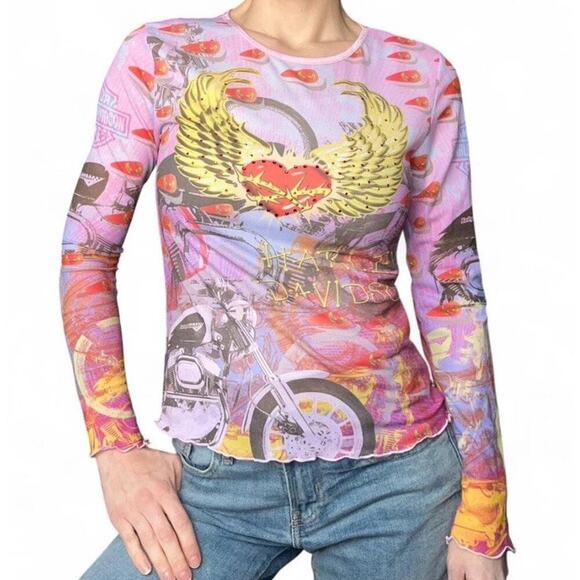 Harley-Davidson Tops - Vintage 90s Harley Davidson Women’s Mesh Long Sleeve Top Rhinestones Size S Y2K
